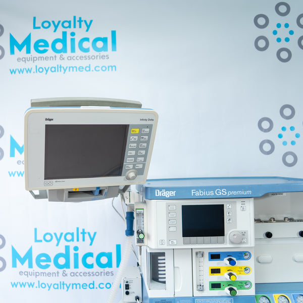 Drager Fabius GS Premium Anesthesia Machine with Infinity Delta Monitor and Scio Four Oxi Plus Gas Module 6871801 RI 10 8607000-39 ASCB-0096